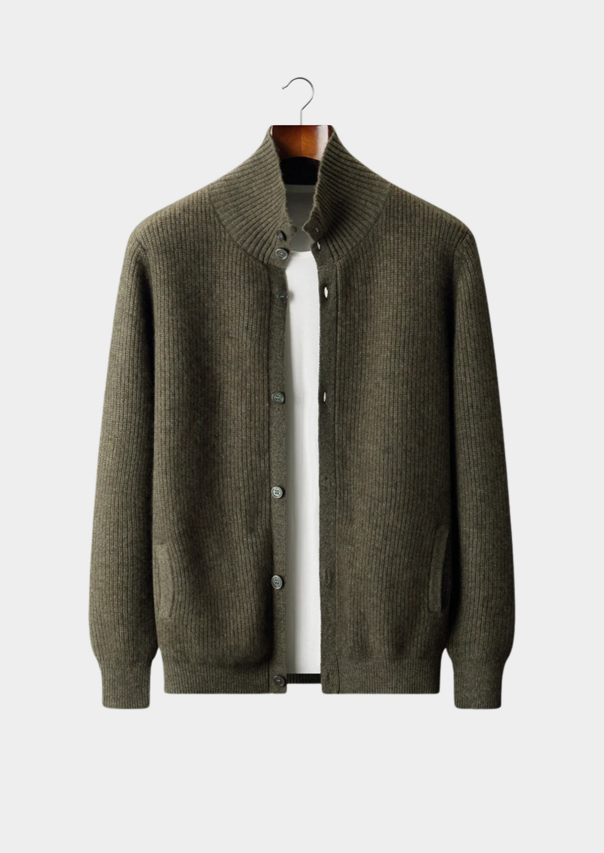 PREMIUM CASHMERE RIBBED HIGH COLLAR CARDIGAN