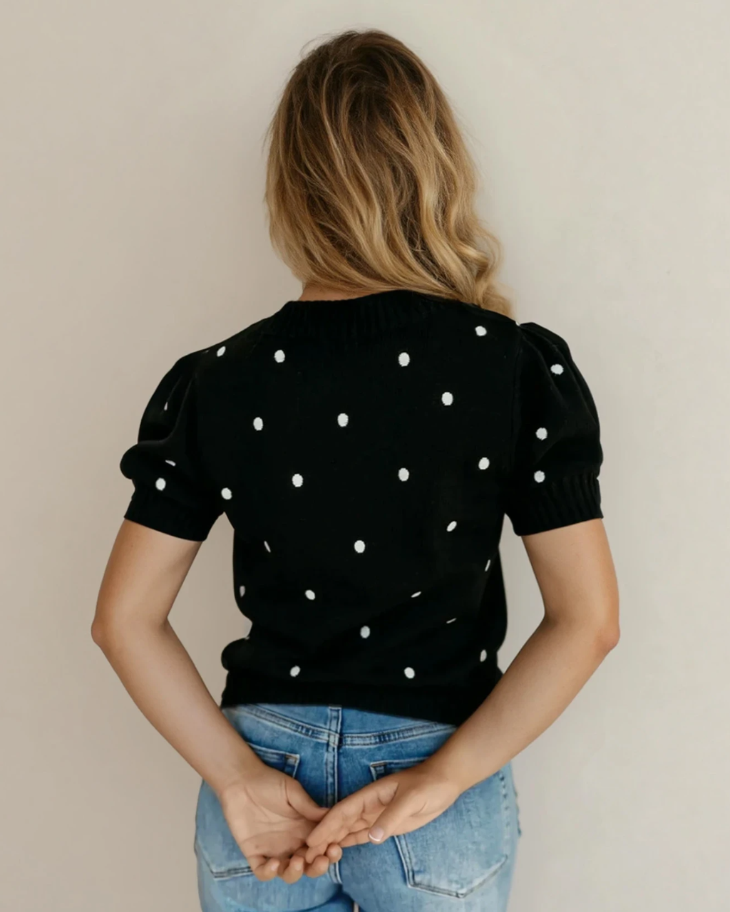 River Polka Dot Bubble Short Sleeve Sweater - Black | Dropship