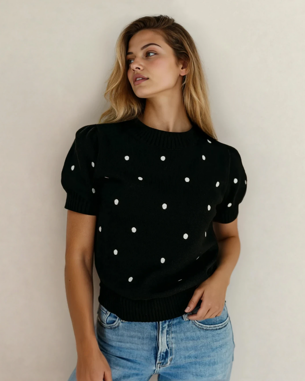 River Polka Dot Bubble Short Sleeve Sweater - Black | Dropship